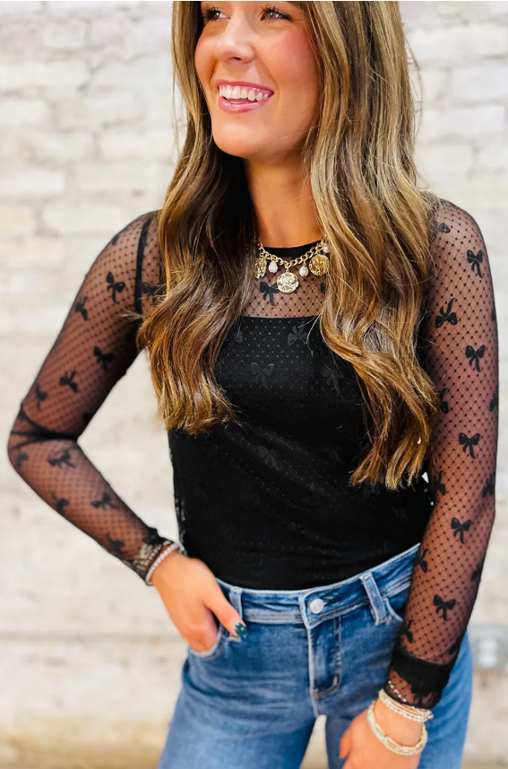Black Bow Mesh Top