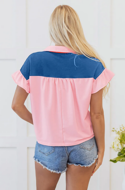 Color Block Half Buttoned Ruffled Short Sleeve T Shirt
