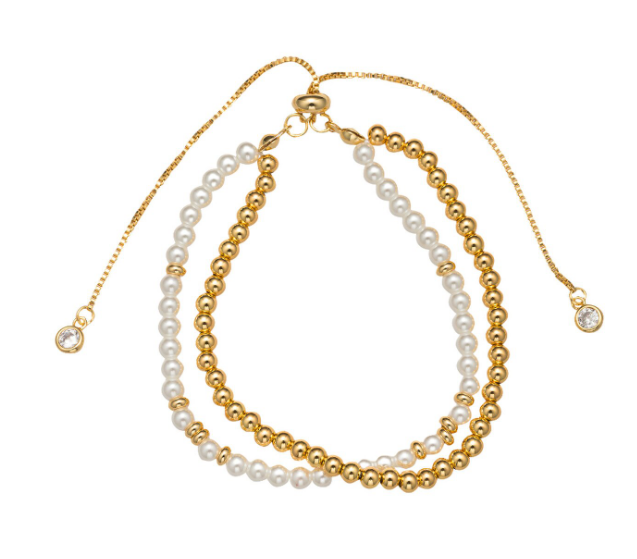 Gold, Pearl Beaded Bracelet with 2 Strand
