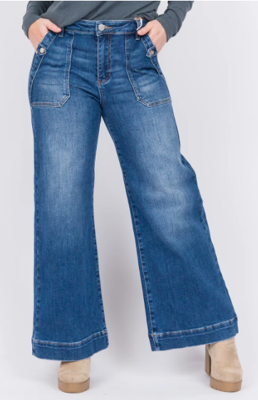 Risen High Rise Patch Pocket Front Wide Leg Ankle Jeans