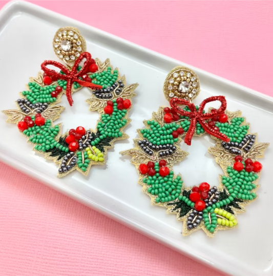 Christmas Wreath Beaded Earrings
