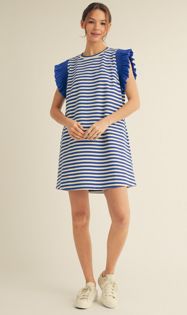 Blue Stripe Ruffle Sleeve Dress