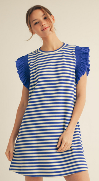 Blue Stripe Ruffle Sleeve Dress