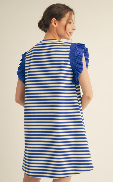 Blue Stripe Ruffle Sleeve Dress