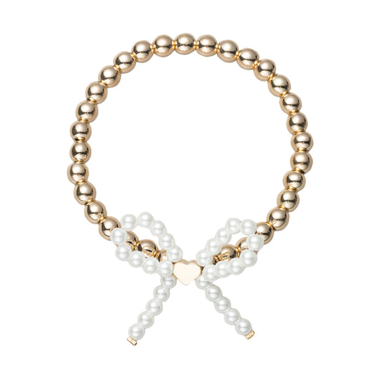 Gold Beaded Stretch Bracelet with Pearl Bow