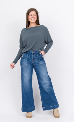 Risen High Rise Patch Pocket Front Wide Leg Ankle Jeans