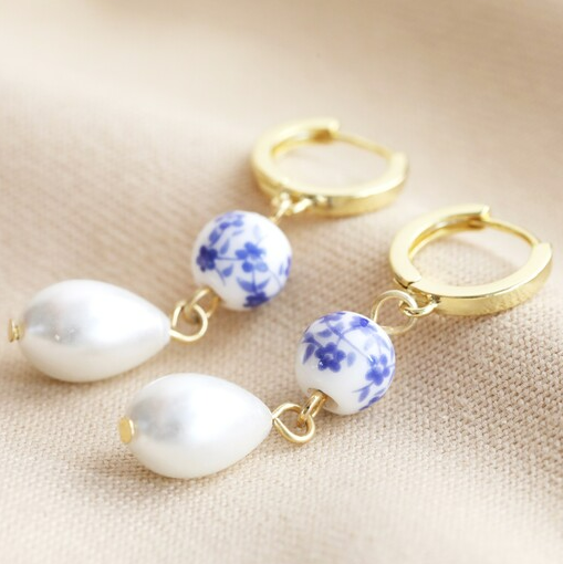 Ceramic Blue/White Floral Huggie