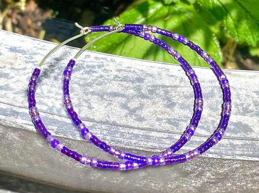 Purple and White Beaded Hoops