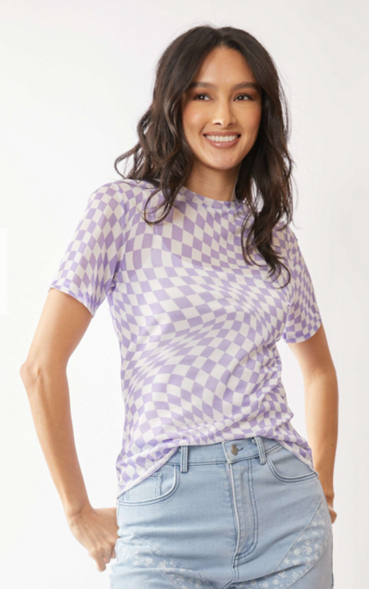 CHECKER BOARD PRINTED MESH SHORT SLEEVE TOP